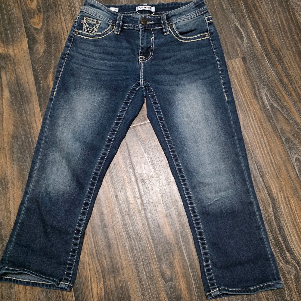Vigoss Women Blue Denim Capri Jeans Embellished Pockets‎ Stretchy Fit Size 10